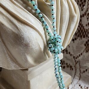 Vintage Knotted Faceted Aqua Aurora Borealis Long Strand Beaded Necklace